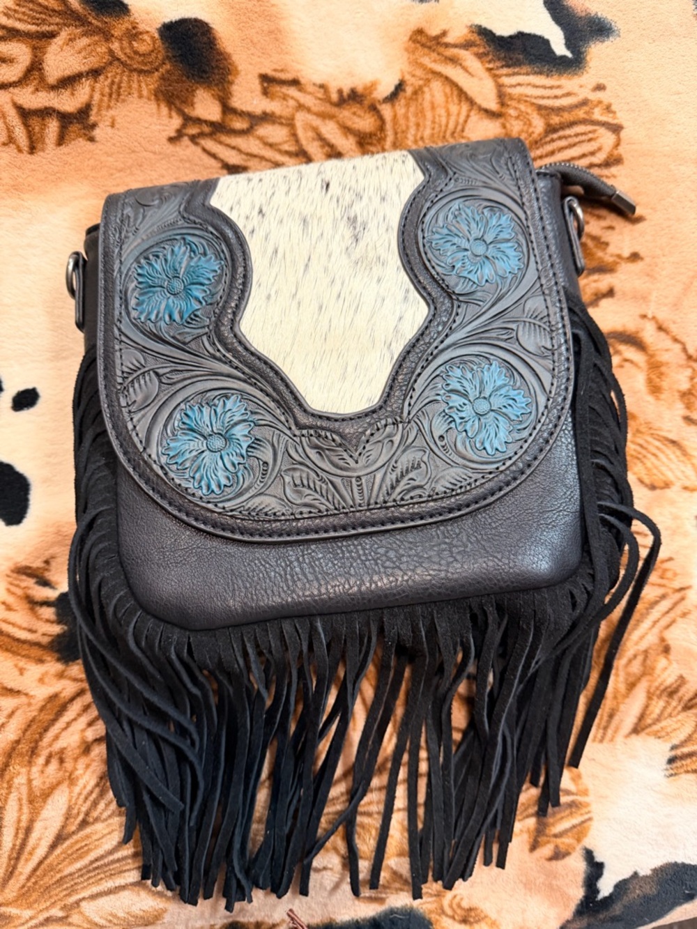 Leather Fringe Crossbody Bag with Turquoise Floral Tooled Accents